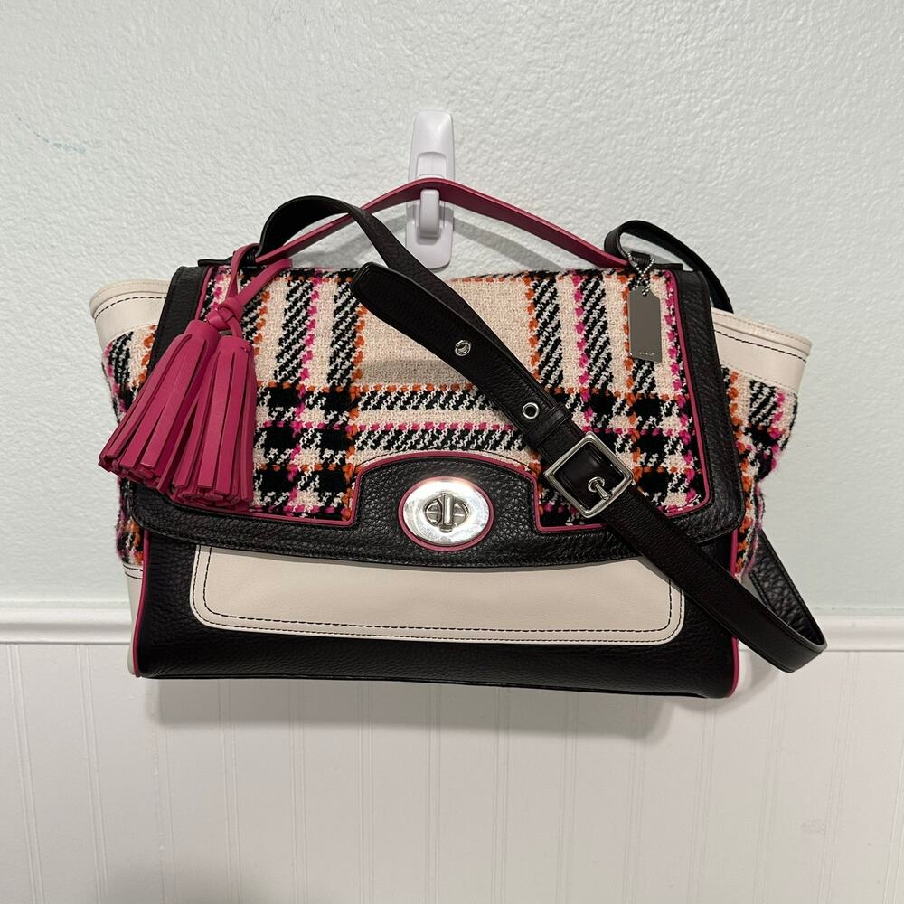 Coach Legacy Colorblock Plaid Tweed Satchel Crossbody Pink Trim Tassel Bag